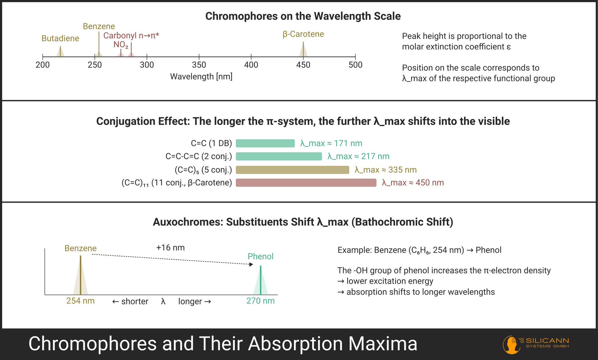 Table of selected chromophores with their typical absorption maxima (λₘₐₓ) and molar extinction coefficients (ε).